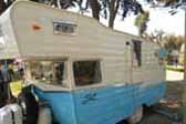 Vintage 1961 Shasta Astrodome Trailer painted light blue and white colors